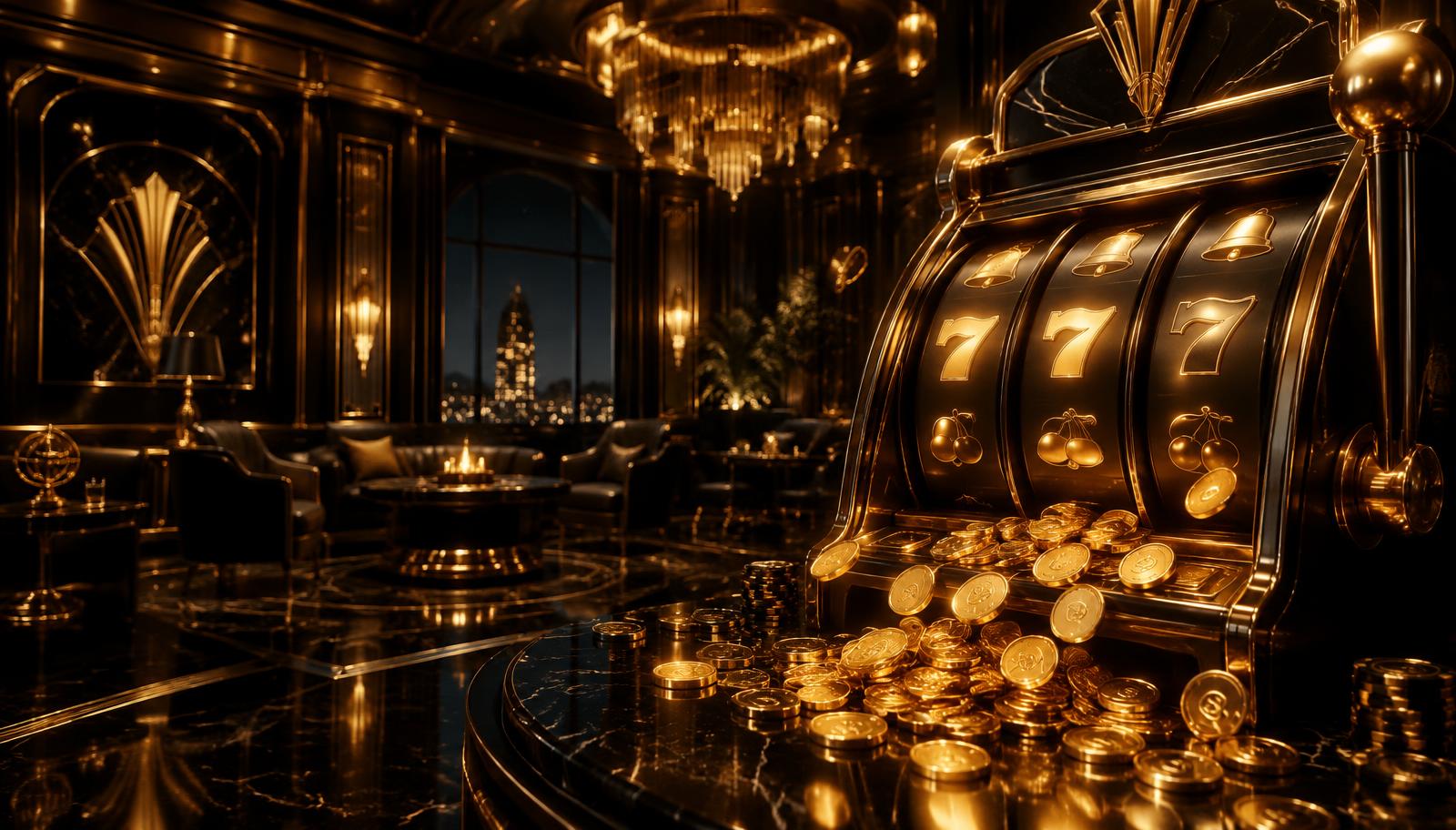 Golden slot machine in a luxury lounge